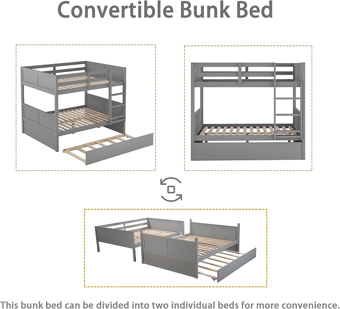 Merax Trundle Bunk Bed, Full Over Full Wood Bunk Bed with Twin Size Trundle, Guardrail and Ladder, Can be Separated into 2 Beds, Grey