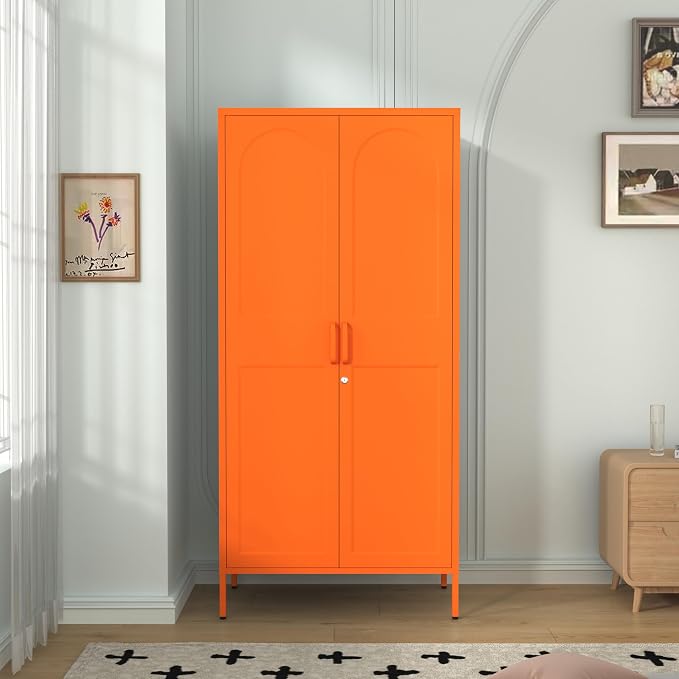 67" Industrial Lockable Metal 2-Door Wardrobe Storage Cabinet with Hanging Rod & Adjustable Shelves, Heavy Duty Multipurpose for Bedroom, Garage, Home Office, Orange 67" H X 31.5" W X 18.1" D
