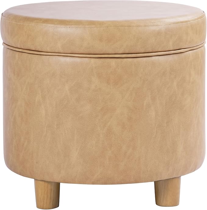HomePop 19" Round Storage Ottoman - Sand Faux Leather
