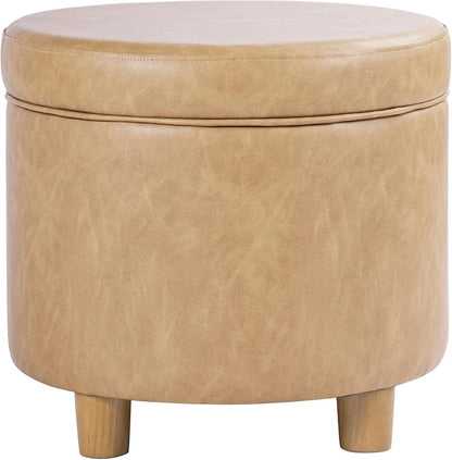 HomePop 19" Round Storage Ottoman - Sand Faux Leather