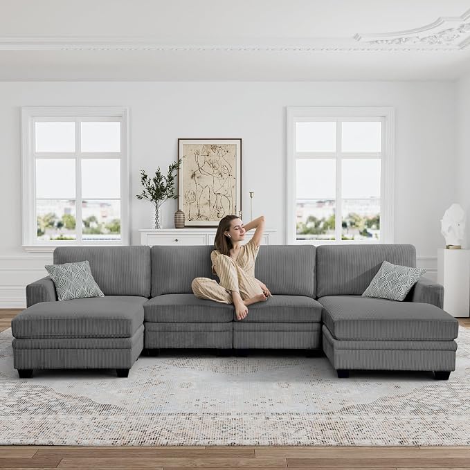 Legend Vansen Oversized Modular Sectional Sofa,6 Seat U Shaped Couch with Ottoman,Corduroy Sofa with Deep Seat,Convertible Large Sectional Couches for Living Room (Grey, U-6)