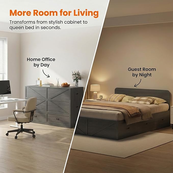 CECER 3-in-1 Full Murphy Bed with Mattress for Small Space -Grey | Multi-Functional Desgin that Converts to Sofa Set，Bed and Cabinet，Easy Assemble ＆ Conversion