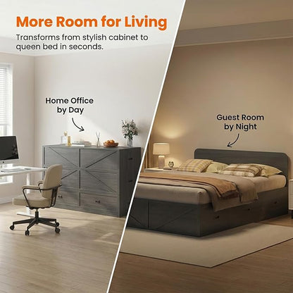 CECER 3-in-1 Full Murphy Bed with Mattress for Small Space -Grey | Multi-Functional Desgin that Converts to Sofa Set，Bed and Cabinet，Easy Assemble ＆ Conversion
