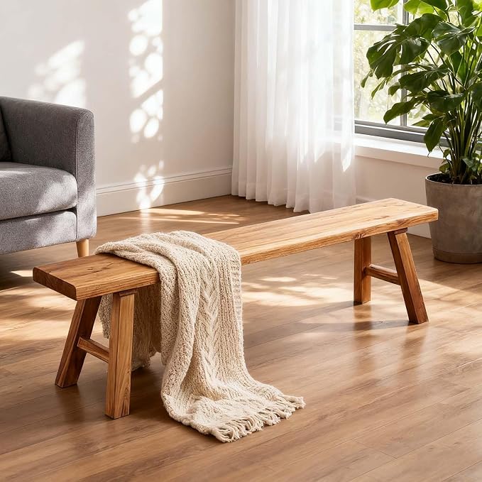 Narrow Entryway Bench Farmhouse Wood End of Bed Bench 20" 32" 39" 47" 55" 63" 71" 79" Sturdy Stable Skinny Long Benchs for Bedroom Hallway Dining Room Porch Easy to Assemble Natural Finish(55")