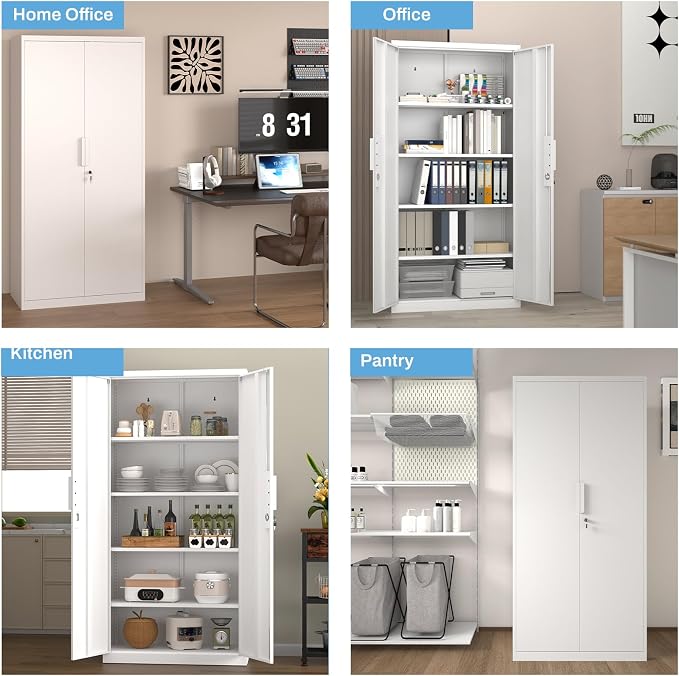 Tall Steel Garage Storage Cabinet with Lock, 71" H Heavy Duty Metal Storage Locker with 4 Adjustable Shelves for Home, Office, White