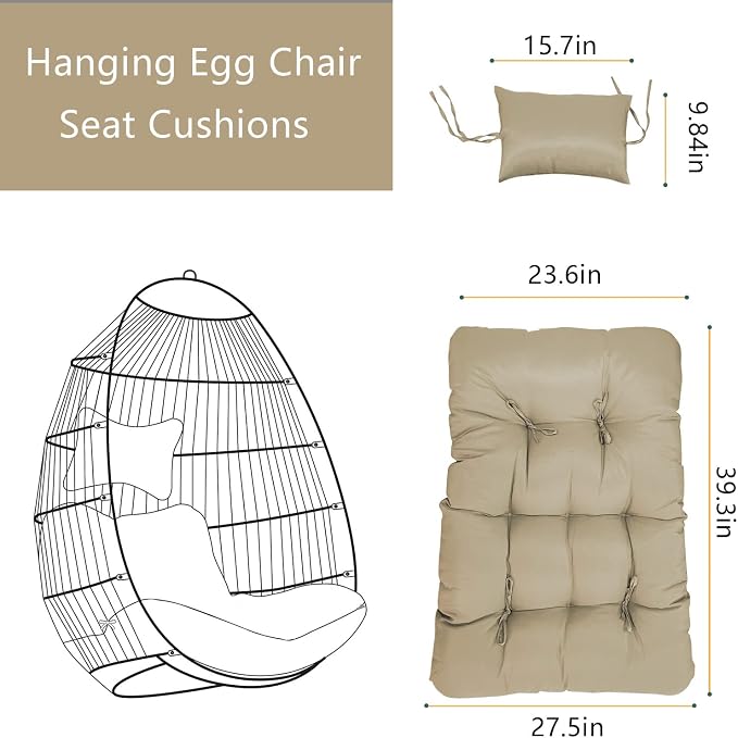 Enipate Outdoor Hanging Egg Chair Cushion, Water-Resistant Tufted Swing Basket Chairs Cushion Pads with Headrest Pillow