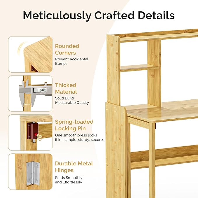 Bamboo Folding Desk with Bookshelf, Compact Computer Desk with Hutch for Small Spaces, Foldable Desk with Storage Shelf, Space-Saving Home Office Desk for Bedroom, Dorm, Apartment,Natural