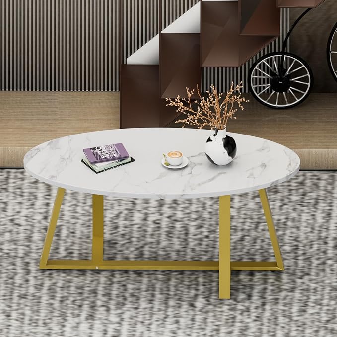 Wolawu Coffee Table White Faux Marble Coffee Table for Living Room,Oval Center Tables Modern Tea Table for Small Space,Wooden Living Room Tables End Table with Sturdy Gold Metal Leg