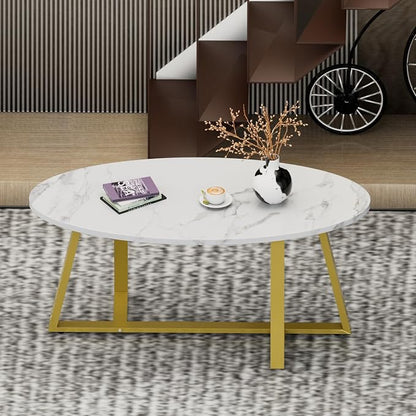 Wolawu Coffee Table White Faux Marble Coffee Table for Living Room,Oval Center Tables Modern Tea Table for Small Space,Wooden Living Room Tables End Table with Sturdy Gold Metal Leg