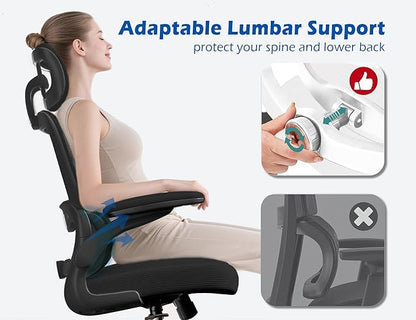 TRALT Ergonomic Office Chair - Desk Chair with Adjustable Headrest Lumbar Support Computer Chair - Mesh Comfy Chair with Flip-up Armrests - Gaming Chairs for Adults Home Office (Leather, Black)
