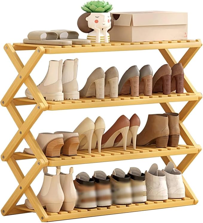 Bamboo Multilayer Foldable Tall Shoe Rack Boots Organizer Storage Sturdy Narrow Shoe Shelf for Entryway, Closet, Porch, Dorm, Living Room, Bedroom