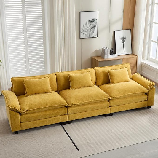 Oprisen 120" Modular Sectional Sofa, Comfy Cloud Couch Sectional Sofa, Chenille Sofa Sleeper Deep Seat Sofa with Throw Pillows for Living Room (Yellow, 120"- 3 Seater)