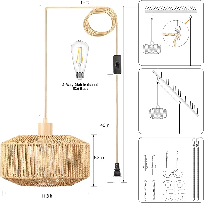 Qingmiao Boho Plug in Pendant Light, Rattan Hanging Lamp Plug in with Woven Shade, 3-Way Dimmable Hanging Light Fixture for Living Room Bedroom Kitchen Ceiling Farmhouse Home Decor