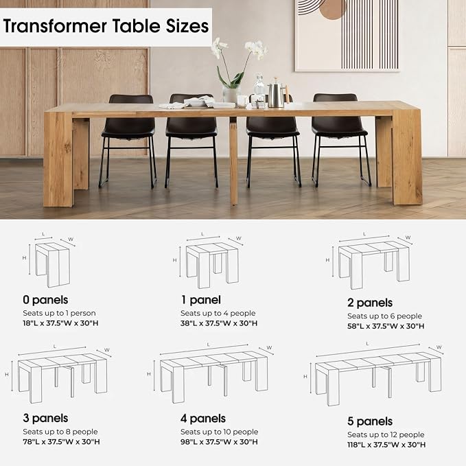 Transformer Table - Solid Wood Extendable Dining Table, Seats 2-12, Expandable Dining Room Table, Space-Saving Furniture, Expandable Dining Furniture, Natural (Table Only)