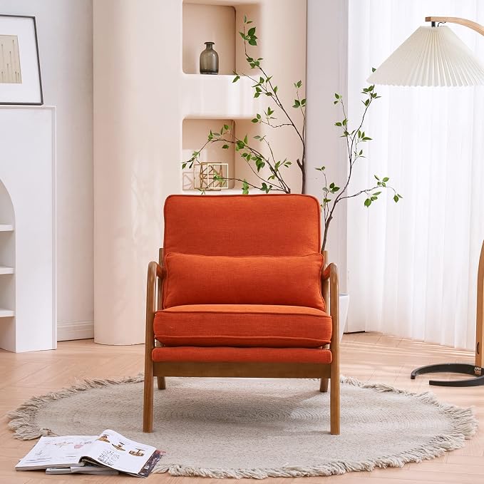 Bonnlo Linen Burnt Orange Mid Century Modern Accent Chair, Soild Wood Padding Lounge Armchairs Side Sitting Chairs for Living Room, Bedroom, Guest Room