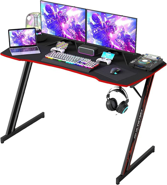 BestOffice Gaming Desk Z Shaped 47 inch PC Computer Desk Computer Workstation Ergonomic Gaming Table with Headphone Hook for Game Players, Black&Red