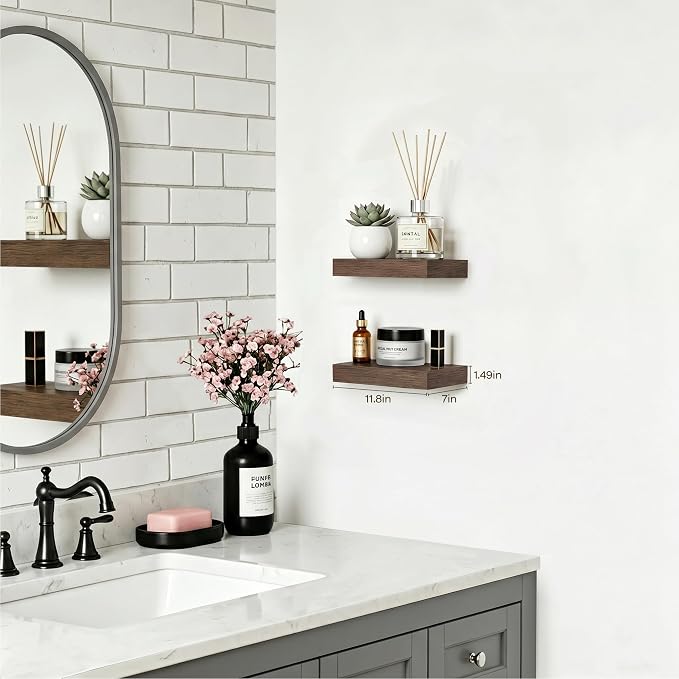 Bathroom Floating Shelves for Wall-11.8'' Wall Mounted Shelves Over Toilet Farmhouse Home Decor Display Bookshelf(Set of 2,Smoke Gray)