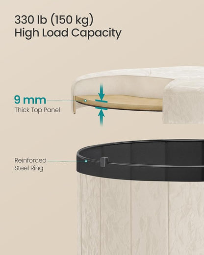 SONGMICS Mazie Collection - Round Storage Ottoman, Folding Footrest Stool with Removable Lid, Easy Assembly, PU Leather Vanity Stool for Bedroom, Living Room, Entryway, Cream White ULSF609WD01