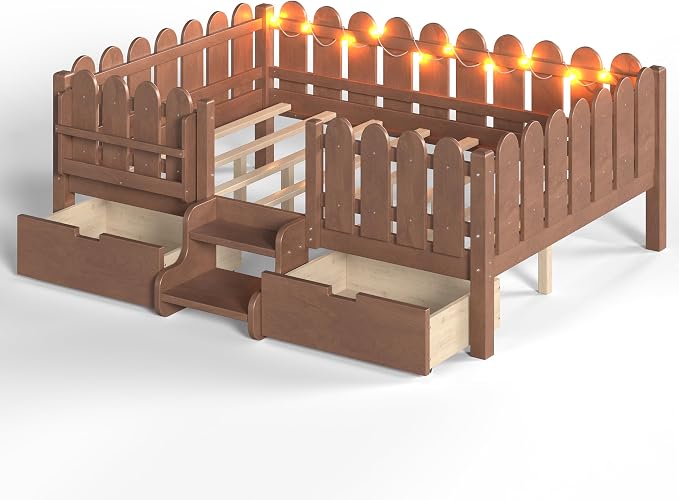 Bellemave Full Kids Montessori Bed with Stairs, Bookshelf and LED Lights, Solid Wood Kids Bed Frame with Storage Drawers for Boys Girls, Low Profile,Deep Natural