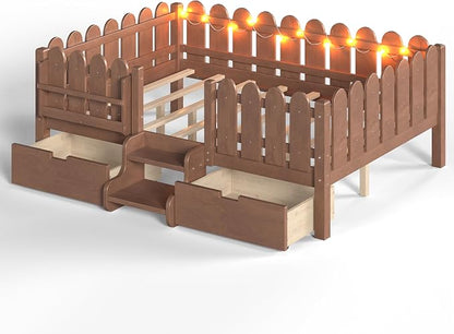 Bellemave Full Kids Montessori Bed with Stairs, Bookshelf and LED Lights, Solid Wood Kids Bed Frame with Storage Drawers for Boys Girls, Low Profile,Deep Natural