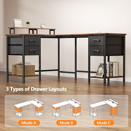 Korfile 59 inch L Shaped Computer Desk with Power Outlets, Home Office Desk with 4 Adjustable Storage Drawers & 2 Monitor Stands, Two Person Gaming Table for Bedroom, Rustic Brown