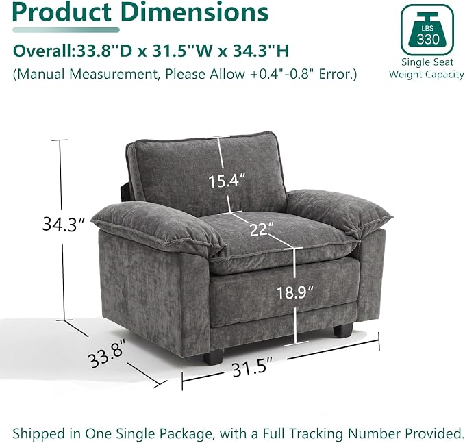 Modern Cloud Single Sofa, Comfy Chenille Couch for Living Room, Black | Cloud Couch，Comfortable Cushioning，Cozy Armrest Support，Modern Appearance，Easy Assembly, Sturdy Frame