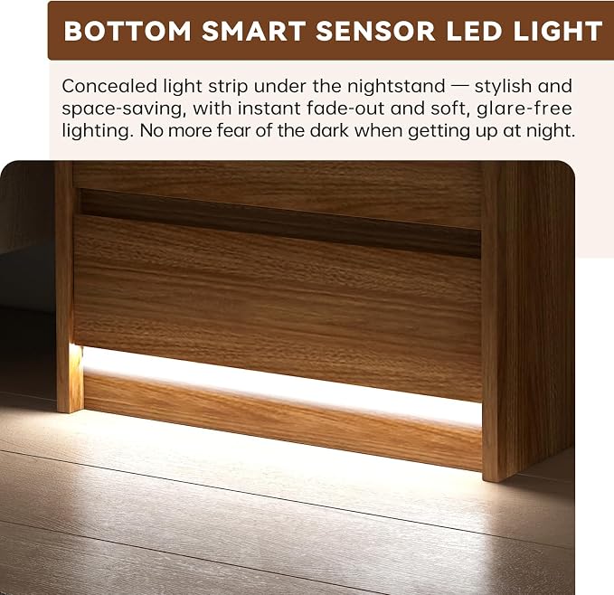 23.6" Walnut Nightstand Charging Station, Motion-Activated LED Light & Soft Close Lockable Drawer, Anti-Collision Mid Century Modern Bedside Table with 500 LB Capacity & Hidden Storage