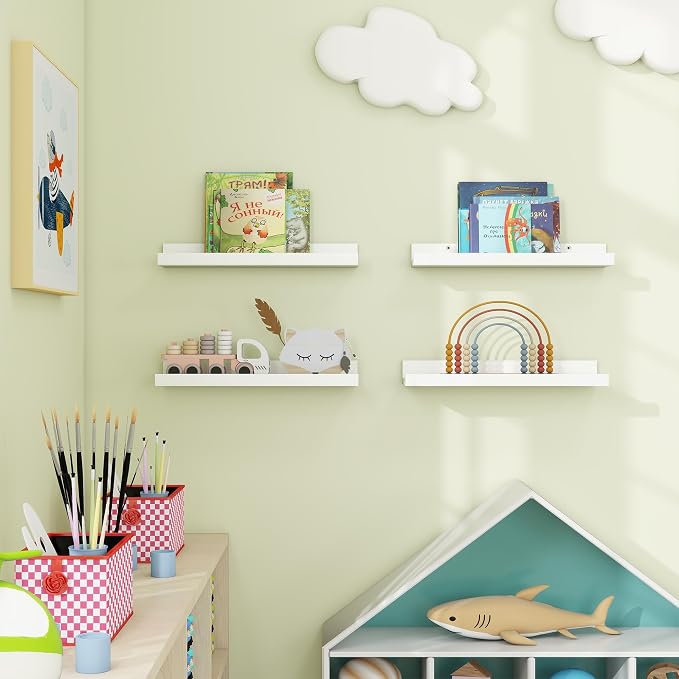 Axeman White Picture Ledge Shelf Set of 4, 16'' Floating Shelves with Lip | Rustic White Wood Wall Shelves with Ledge for Photos Nursery Books Records Artworks Decors