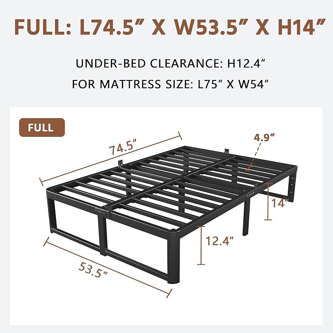 ZTH Full Size Metal Platform Bed Frame 14 in, No Box Spring Needed, Black | Heavy duty support, Underbed storage, Noise-free design, Anti-slip clips, Rounded legs, Easy assembly, Headboard compatible