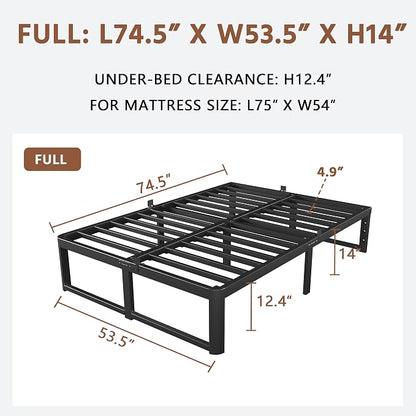 ZTH Full Size Metal Platform Bed Frame 14 in, No Box Spring Needed, Black | Heavy duty support, Underbed storage, Noise-free design, Anti-slip clips, Rounded legs, Easy assembly, Headboard compatible
