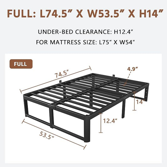 ZTH Full Size Metal Platform Bed Frame 14 in, No Box Spring Needed, Black | Heavy duty support, Underbed storage, Noise-free design, Anti-slip clips, Rounded legs, Easy assembly, Headboard compatible