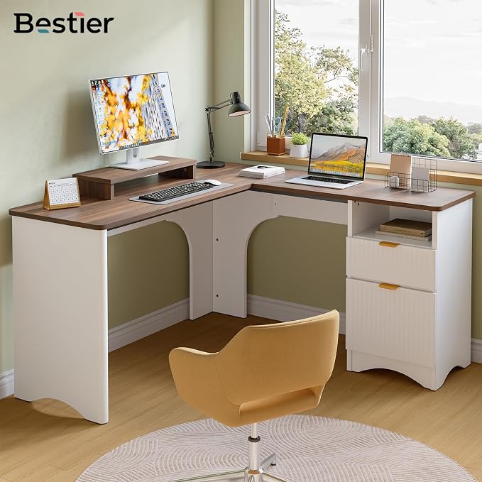 Bestier L Shaped Desk with File Drawer, 55.7" x 55" Office Computer Desk with Round Corners, Modern Desk with Monitor Stand & Fluted Panels for Home Office, White & Walnut