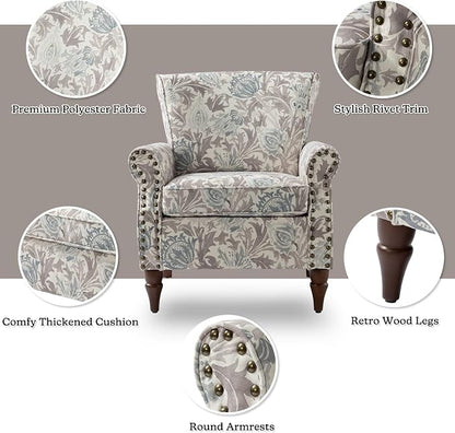 HULALA HOME Modern Wingback Accent Chair with Wood Legs & Removable Cushion, Comfy Upholstered Armchair with Nailhead Trim, Floral Pattern Single Sofa Chair for Living Room Bedroom, Grey