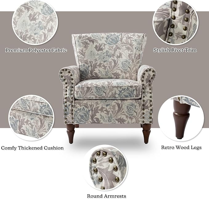 HULALA HOME Modern Wingback Accent Chairs Set of 2 with Wood Legs & Removable Cushion, Comfy Upholstered Armchairs with Nailhead Trim, Floral Pattern Single Sofa Chairs for Living Room Bedroom, Grey