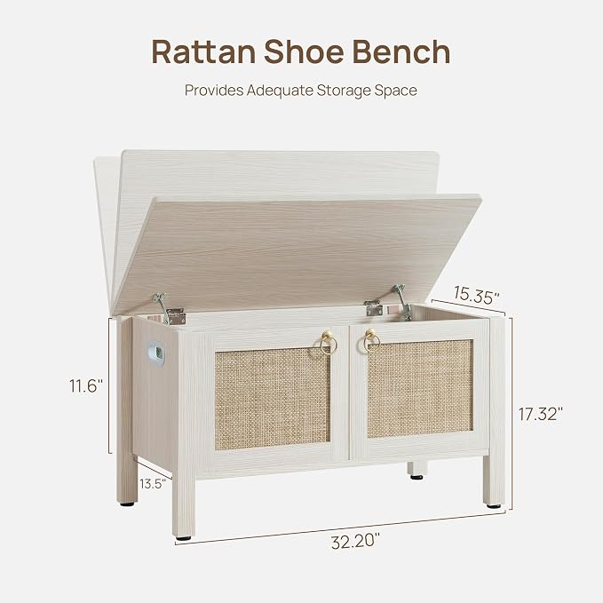 SICOTAS Rattan Storage Bench Boho Storage Chest with 2 Safety Hinges | Wood Storage Truck Box for Bedroom, Living Room, Entryway, Supports 220 lb, White Oak
