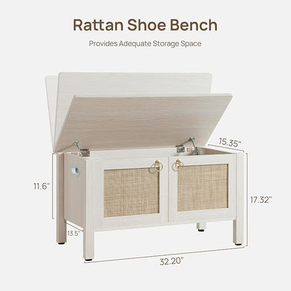 SICOTAS Rattan Storage Bench Boho Storage Chest with 2 Safety Hinges | Wood Storage Truck Box for Bedroom, Living Room, Entryway, Supports 220 lb, White Oak