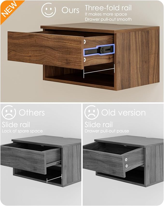 Floating Nightstand, Small Modern Floating Nightstand with Drawer, Floating Shelves for Bedroom, Bathroom (Brown Walnut)