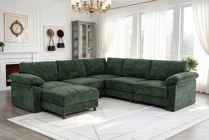 Oversized L Shaped Sectional Couch for Living Room, Extra Large Deep Seat Modular Sectional Sofa with Washable Covers, Modern Cloud Couch for Apartment, Bedroom (Green, Corner V Shape 6 Seat)