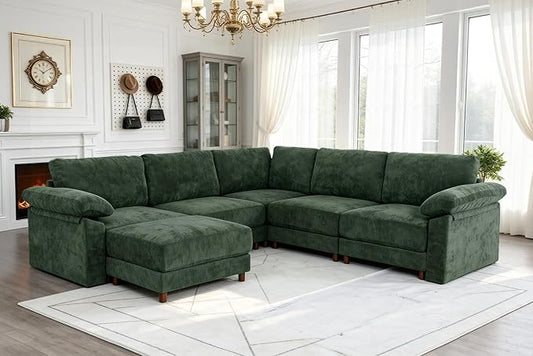 Oversized L Shaped Sectional Couch for Living Room, Extra Large Deep Seat Modular Sectional Sofa with Washable Covers, Modern Cloud Couch for Apartment, Bedroom (Green, Corner V Shape 6 Seat)