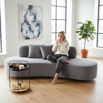 Container Furniture Direct 90" Curved Sofa with Throw Pillows, 4 Seater Luxury Velvet Couch with Half Moon Design and High-Density Foam, Ideal for Modern Living Room, Office & Apartment, Grey