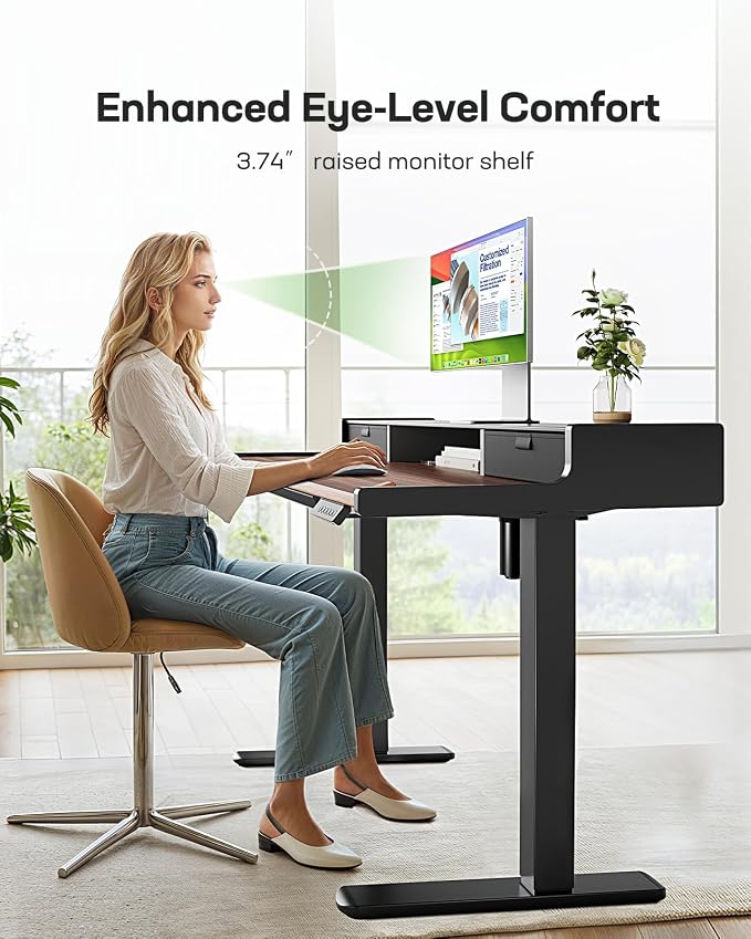 Marsail Electric Standing Desk with Drawers, 48 x 24 Inch Stand Up Desk with Glass Monitor Stand, Height Adjustable Desk with Drawers for Home & Office, 4 Preset Heights, Black Walnut