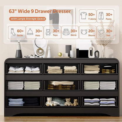 9 Drawer Dresser and Nightstand Sets for Bedroom, 3 Piece Bedroom Set | Wood 9 Drawer Dresser & Night Stand Set of 2, Large Chest of Drawers Modern Storage Cabinet Bedroom Furniture Set, Black
