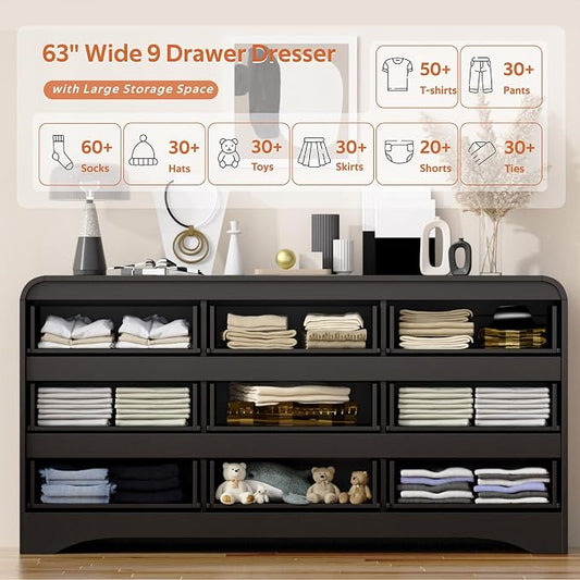 9 Drawer Dresser and Nightstand Sets for Bedroom, 3 Piece Bedroom Set | Wood 9 Drawer Dresser & Night Stand Set of 2, Large Chest of Drawers Modern Storage Cabinet Bedroom Furniture Set, Black