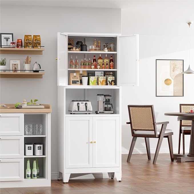 COFaR 69" Tall Modern Kitchen Pantry,Metal Storage Cabinet with Shelves ＆ Glass Doors for Display,Pantry Storage Cabinet,Freestanding Cupboard for Kitchen,Dining Room,Living Room,Bathroom,White