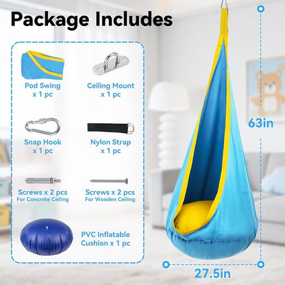 Y-STOP Kids Pod Swing Seat, Hanging Hammock Chair with Inflatable Pillow, Sensory Swing Chair with Pocket for Indoor and Outdoor (Blue Yellow)