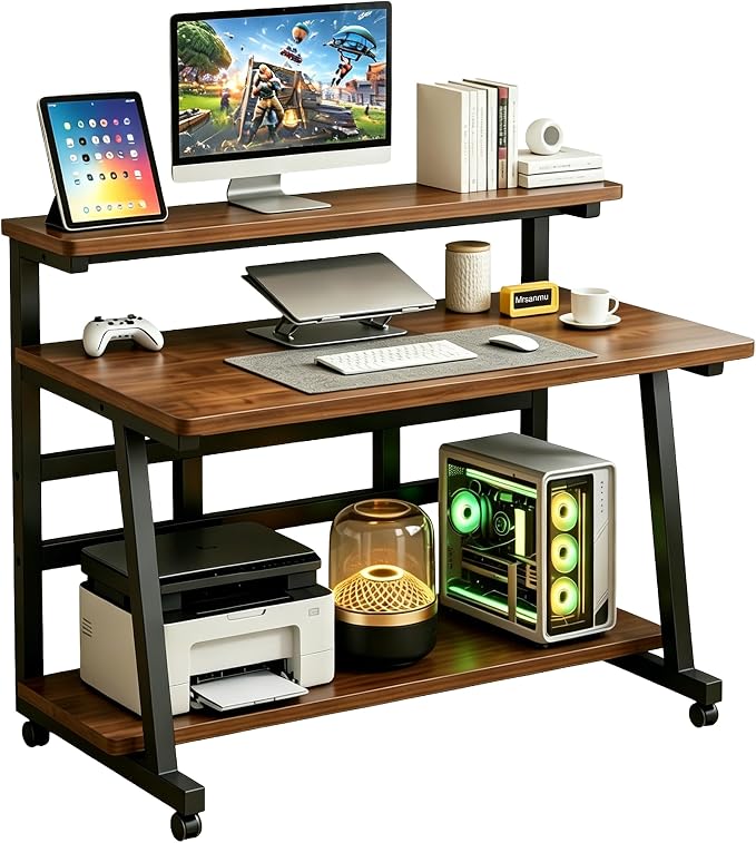 Rolling Computer Desk, 39.4 Inch Small Desks For Small Space, Portable Small Computer Desk with Monitor Stand & 3-Tier Storage, Portable Desk on Wheels for Writing, Home Office, Small Desk for Bedroom