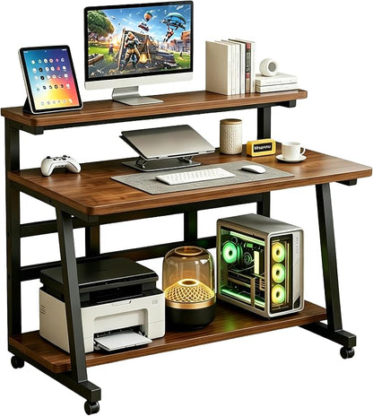 Rolling Computer Desk, 39.4 Inch Small Desks For Small Space, Portable Small Computer Desk with Monitor Stand & 3-Tier Storage, Portable Desk on Wheels for Writing, Home Office, Small Desk for Bedroom