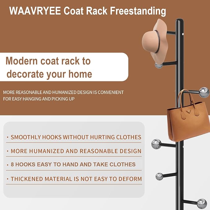 Modern Metal Coat Rack Stand, Coat Rack Freestanding with Natural Marble Base, Sturdy Heavy Duty Coat Racks with 8 Hooks, Black Coat Hall Tree Stand for Entryway, Office
