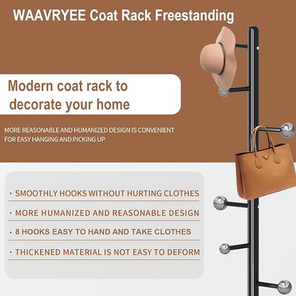 Modern Metal Coat Rack Stand, Coat Rack Freestanding with Natural Marble Base, Sturdy Heavy Duty Coat Racks with 8 Hooks, Black Coat Hall Tree Stand for Entryway, Office