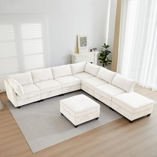 ORRD Oversize Corner Modular Sectional Sofa Set, Convertible L Shaped Couch with Storage, 8 Seater Sofa Modular with Ottomans and Reversible Chaise for Living Room, Office (Beige)